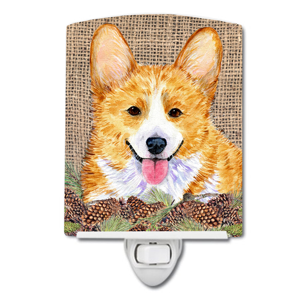 Corgi on Faux Burlap with Pine Cones Ceramic Night Light SS4077CNL - the-store.com