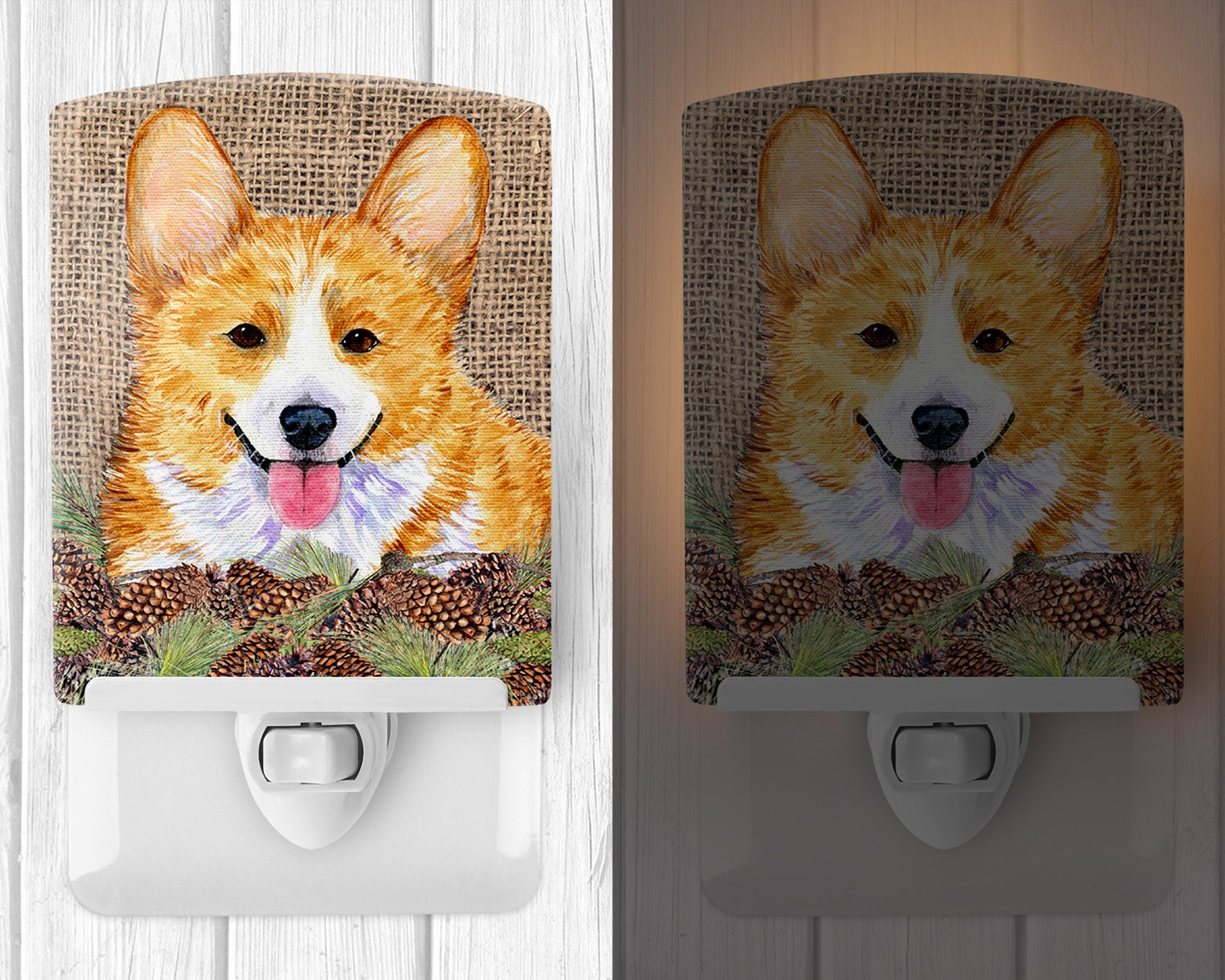 Corgi on Faux Burlap with Pine Cones Ceramic Night Light SS4077CNL - the-store.com