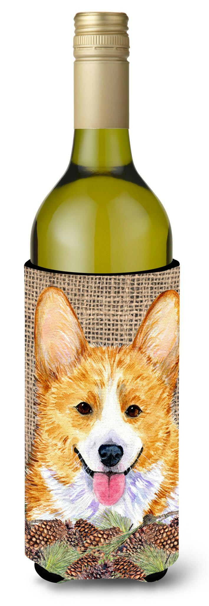 Corgi on Faux Burlap with Pine Cones Wine Bottle Beverage Insulator Beverage Insulator Hugger by Caroline's Treasures