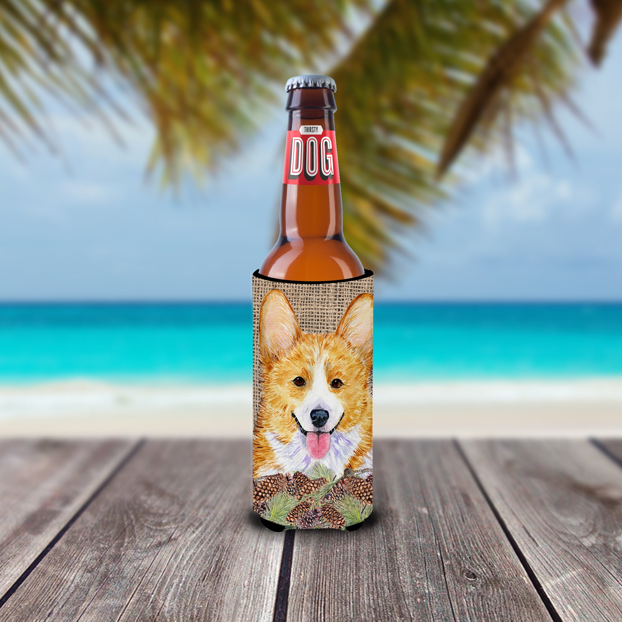 Corgi on Faux Burlap with Pine Cones Ultra Beverage Insulators for slim cans SS4077MUK.