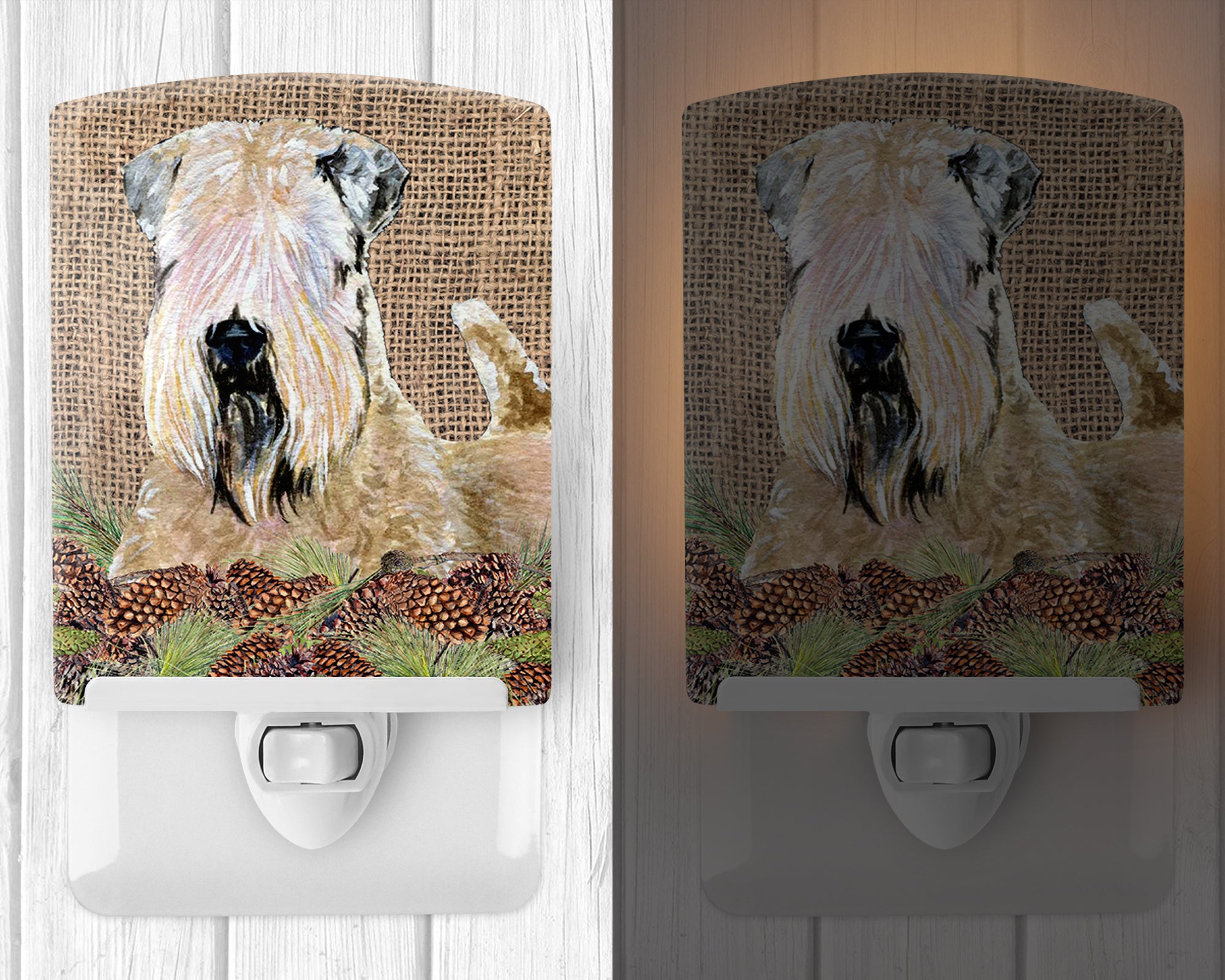 Wheaten Terrier Soft Coated on Faux Burlap with Pine Cones Ceramic Night Light SS4079CNL - the-store.com