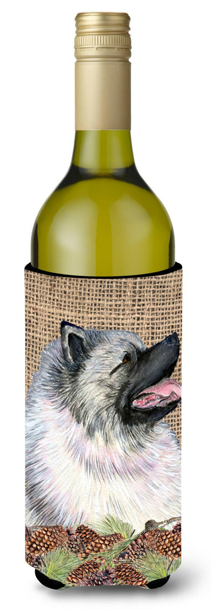 Keeshond on Faux Burlap with Pine Cones Wine Bottle Beverage Insulator Beverage Insulator Hugger by Caroline's Treasures