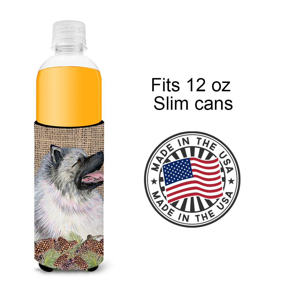 Keeshond on Faux Burlap with Pine Cones Ultra Beverage Insulators for slim cans SS4080MUK.