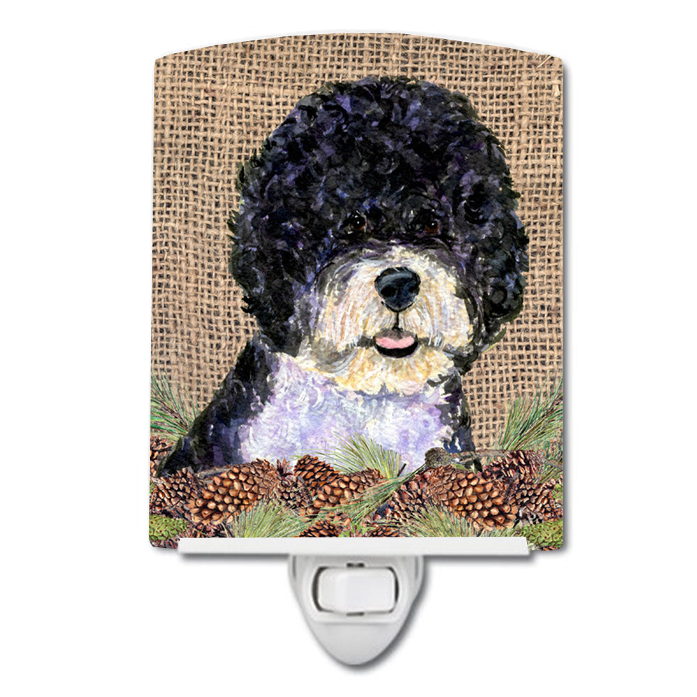 Portuguese Water Dog on Faux Burlap with Pine Cones Ceramic Night Light SS4081CNL - the-store.com