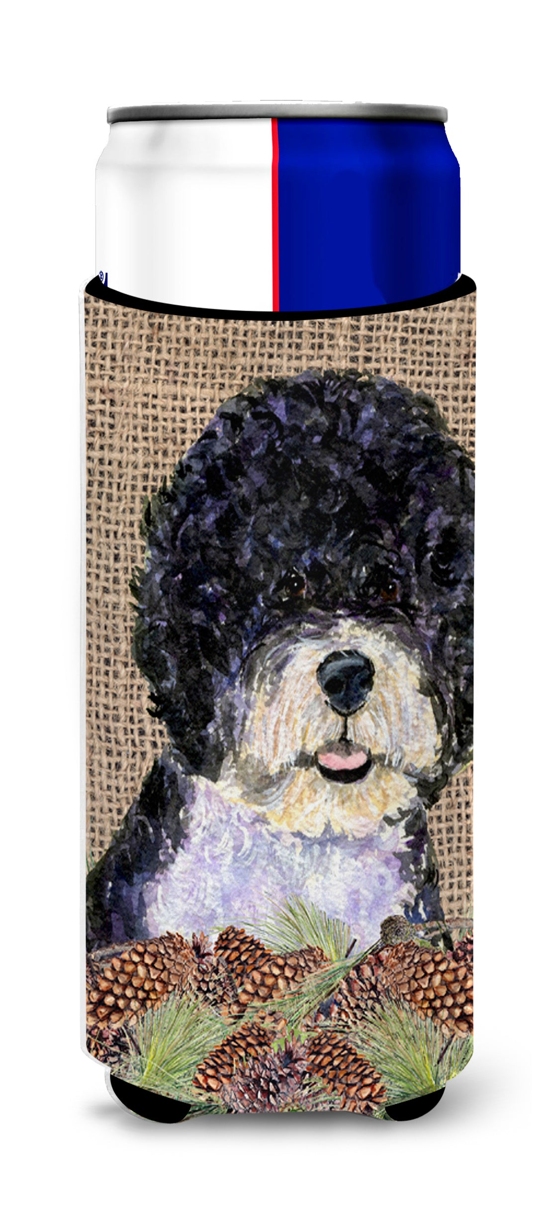 Portuguese Water Dog on Faux Burlap with Pine Cones Ultra Beverage Insulators for slim cans SS4081MUK.