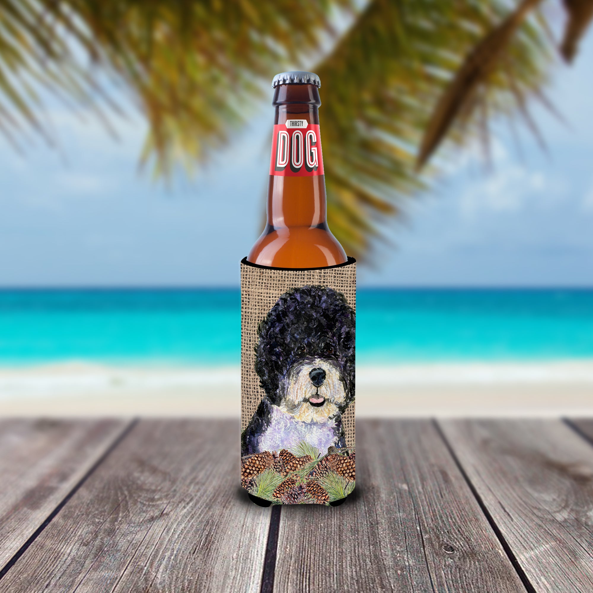 Portuguese Water Dog on Faux Burlap with Pine Cones Ultra Beverage Insulators for slim cans SS4081MUK.