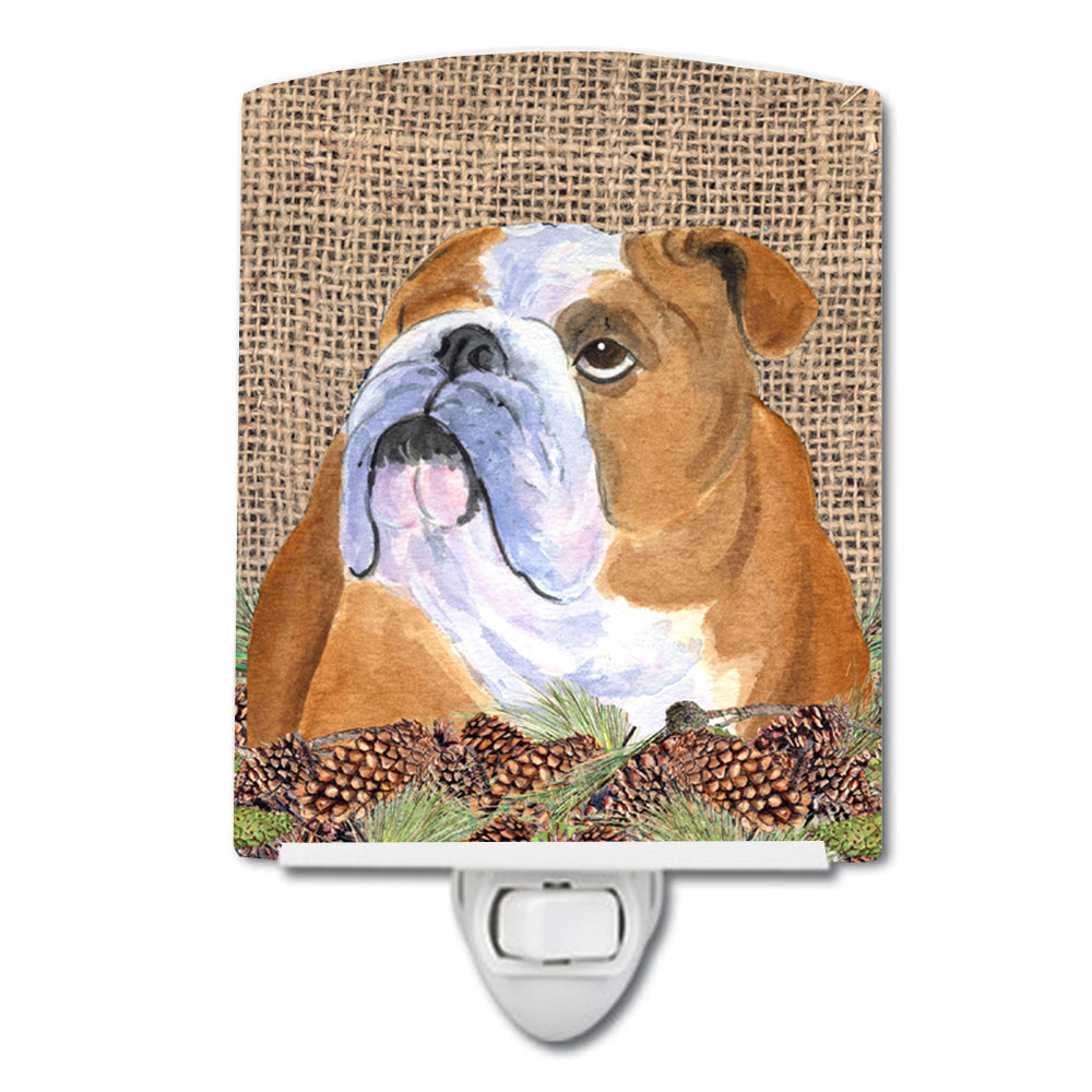 Bulldog English on Faux Burlap with Pine Cones Ceramic Night Light SS4082CNL - the-store.com