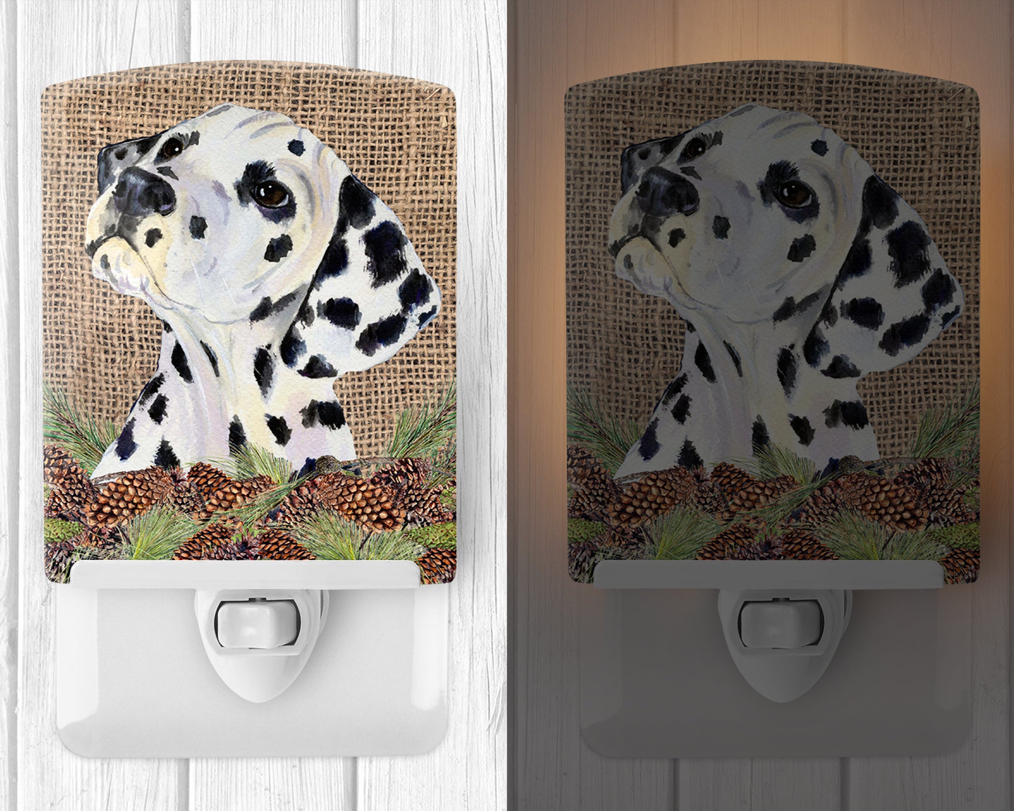 Dalmatian on Faux Burlap with Pine Cones Ceramic Night Light SS4083CNL - the-store.com