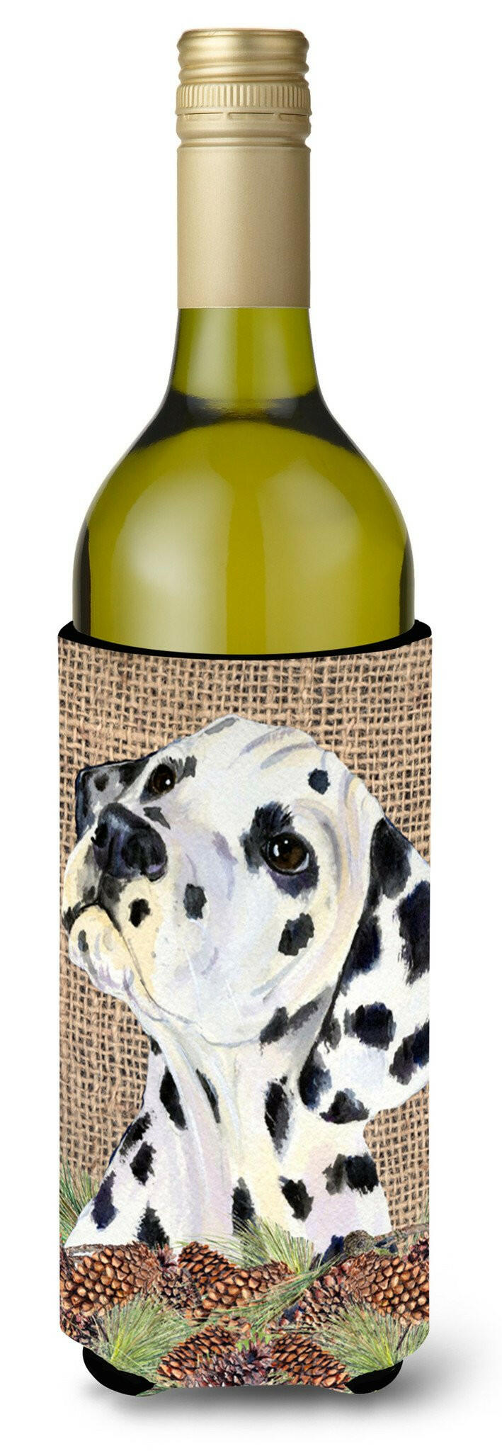 Dalmatian on Faux Burlap with Pine Cones Wine Bottle Beverage Insulator Beverage Insulator Hugger by Caroline's Treasures