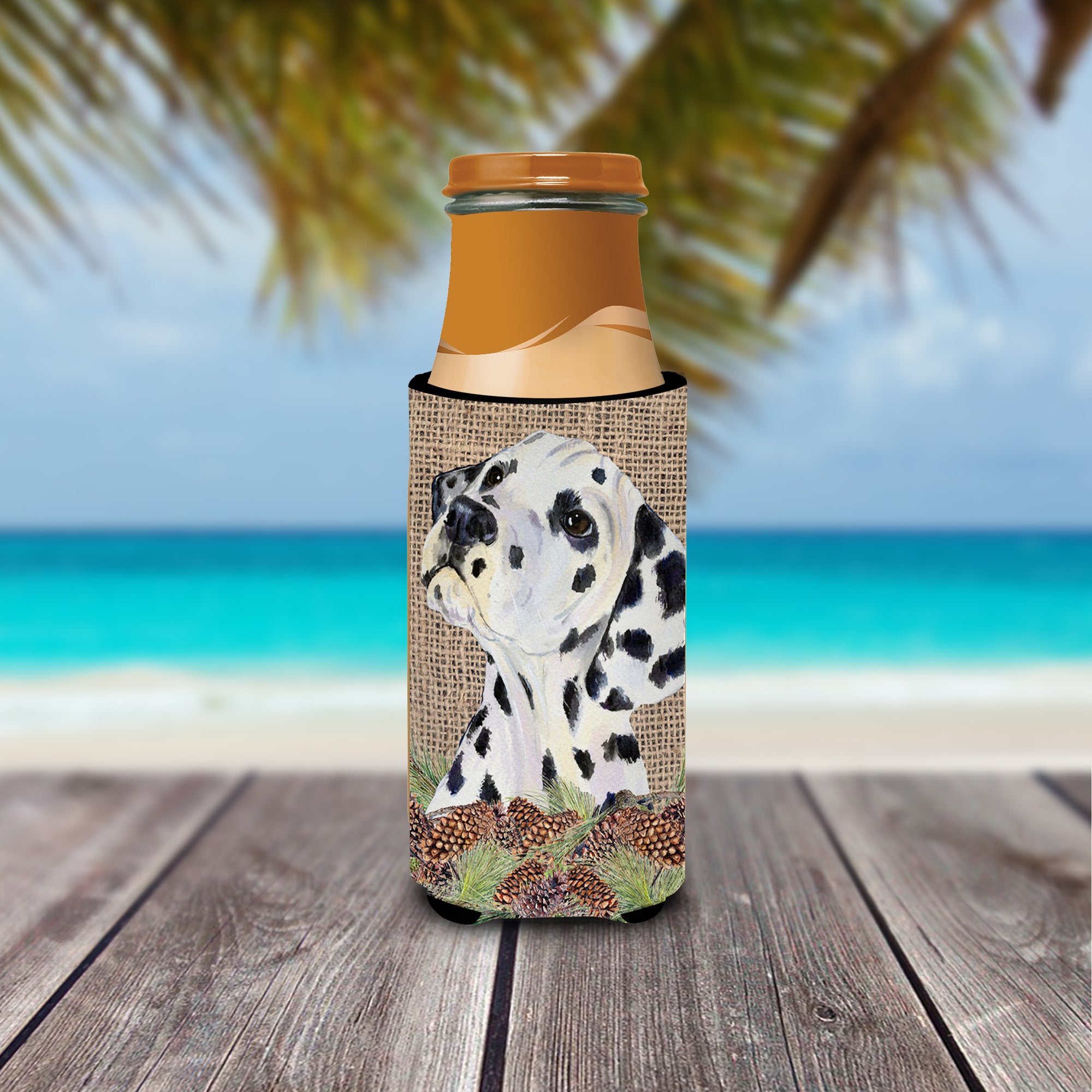 Dalmatian on Faux Burlap with Pine Cones Ultra Beverage Insulators for slim cans SS4083MUK.