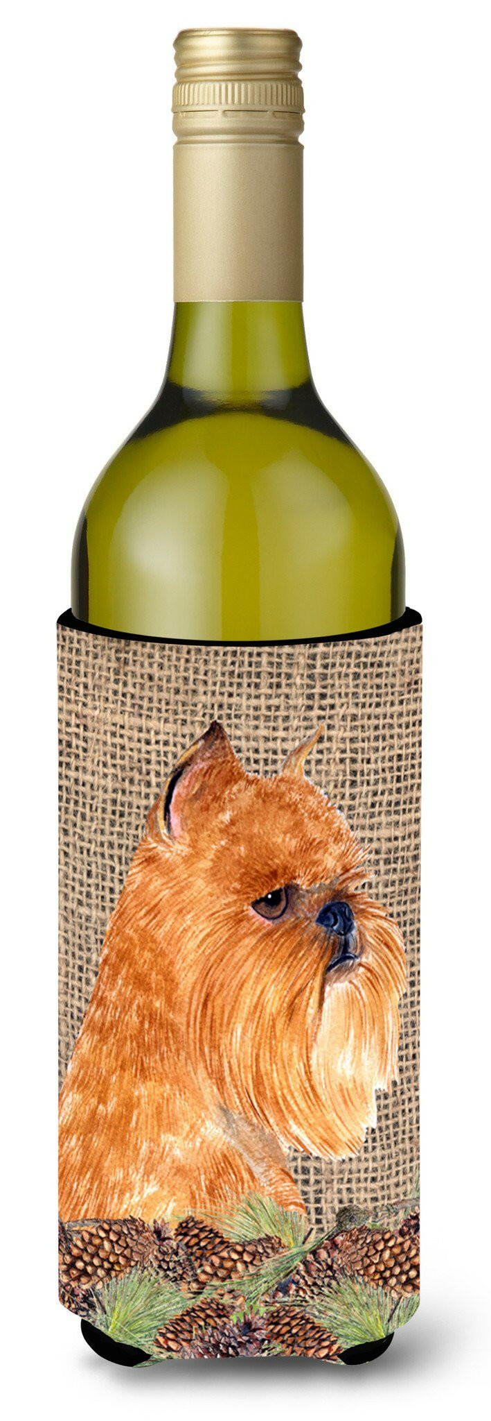 Brussels Griffon on Faux Burlap with Pine Cones Wine Bottle Beverage Insulator Beverage Insulator Hugger by Caroline's Treasures