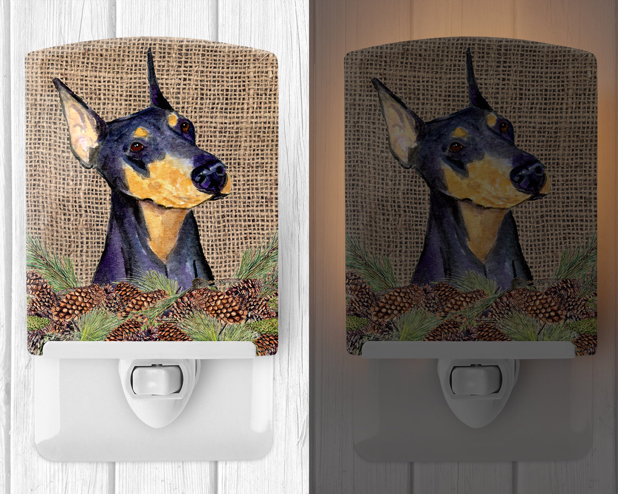 Doberman on Faux Burlap with Pine Cones Ceramic Night Light SS4085CNL - the-store.com