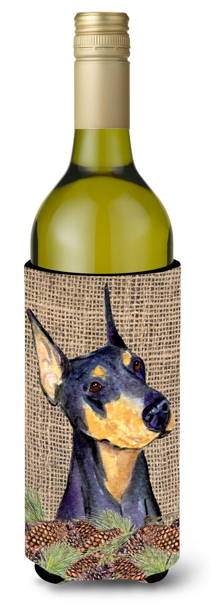 Doberman on Faux Burlap with Pine Cones Wine Bottle Beverage Insulator Beverage Insulator Hugger SS4085LITERK by Caroline's Treasures