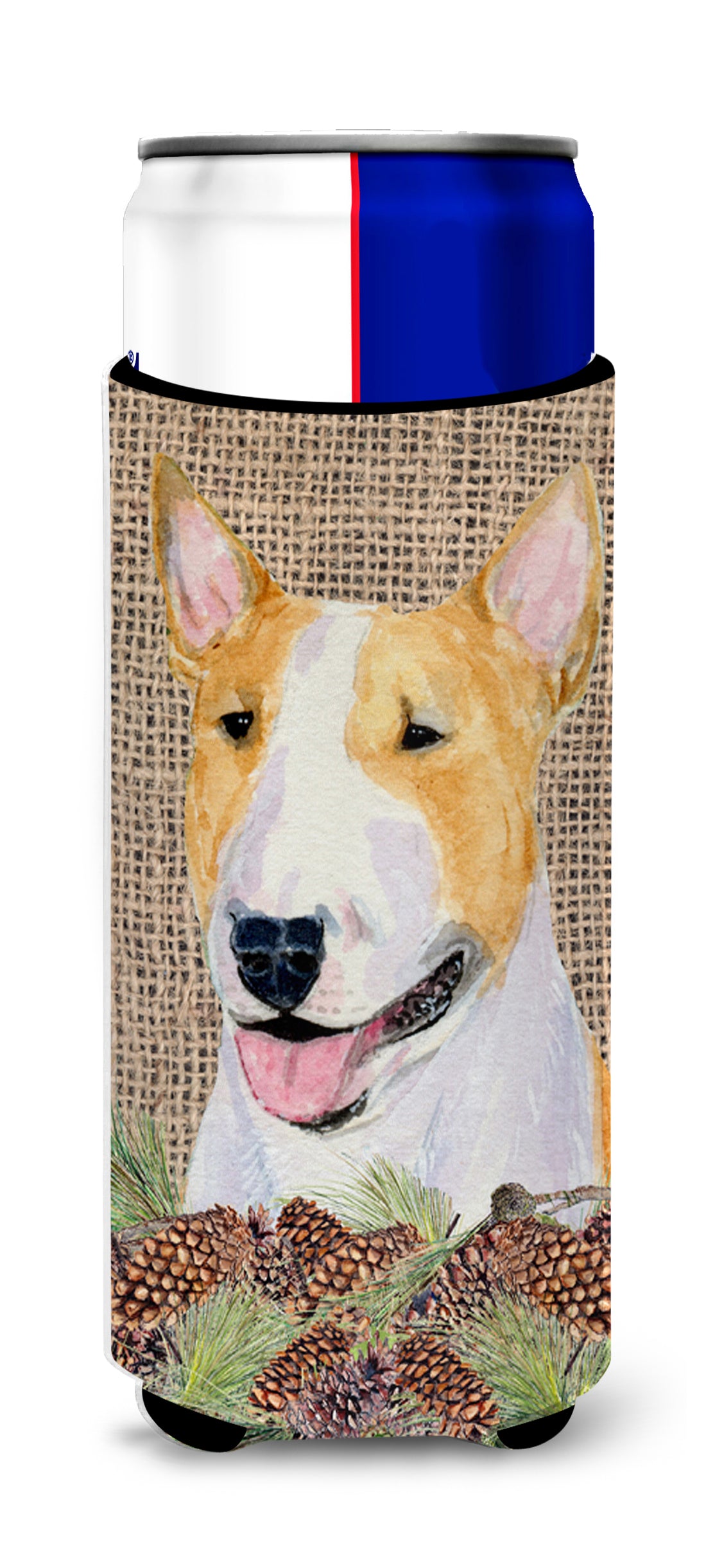 Bull Terrier on Faux Burlap with Pine Cones Ultra Beverage Insulators for slim cans SS4086MUK.