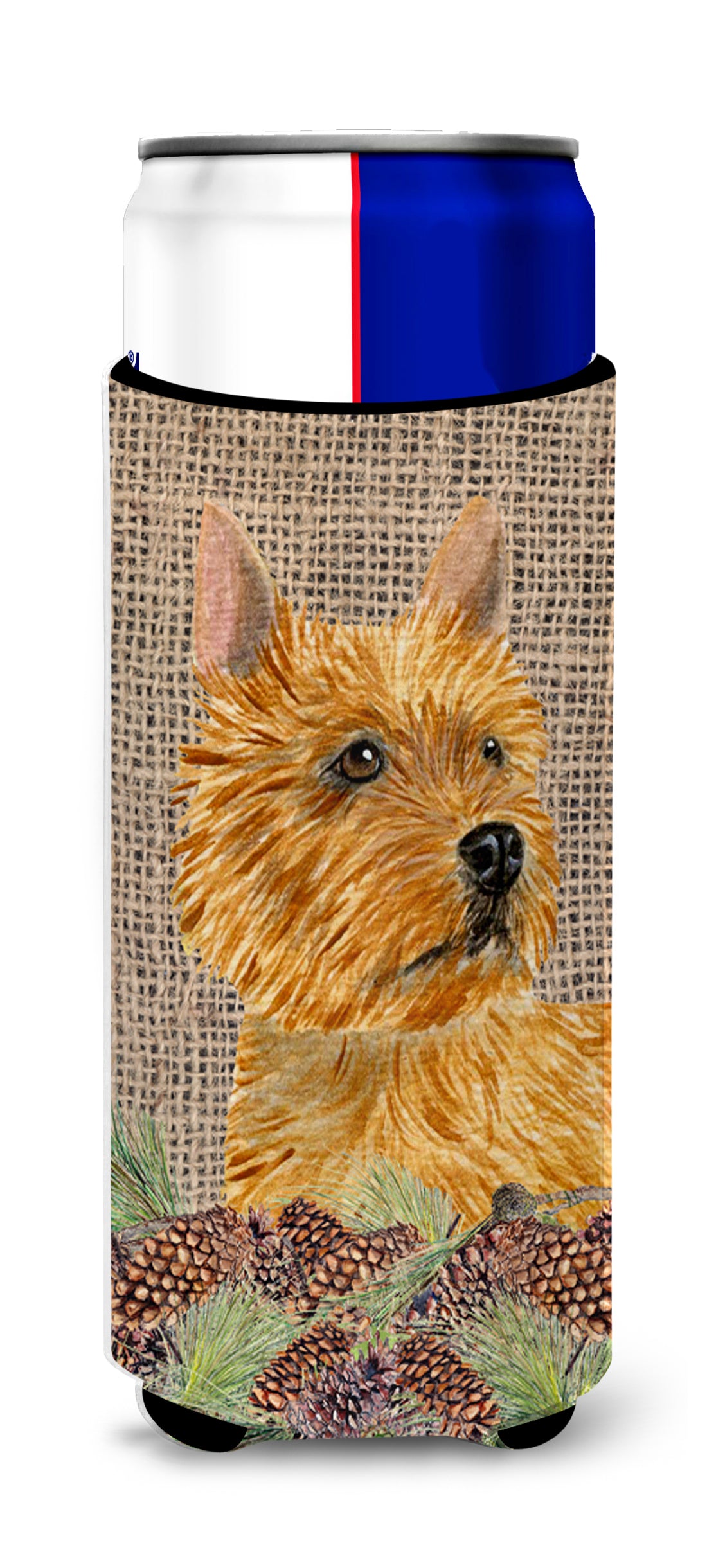 Norwich Terrier on Faux Burlap with Pine Cones Ultra Beverage Insulators for slim cans SS4088MUK.