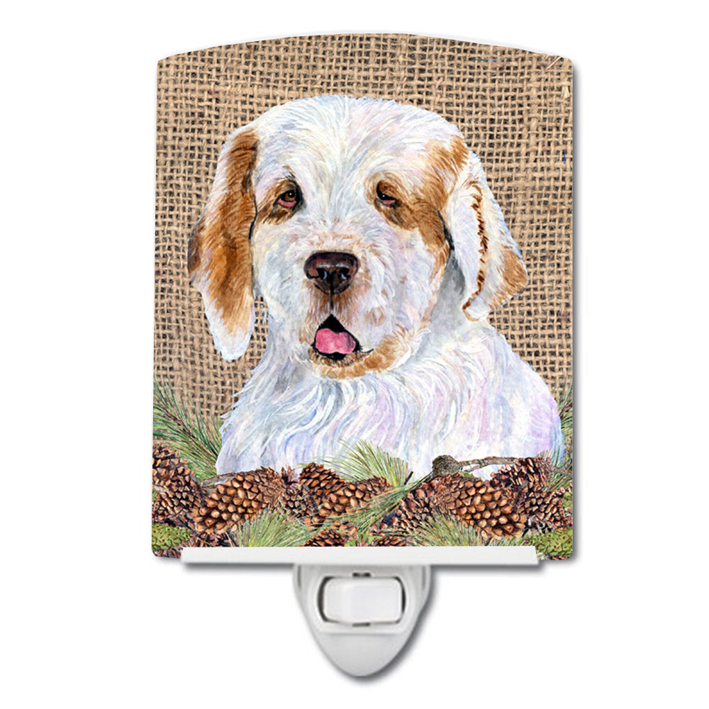 Clumber Spaniel on Faux Burlap with Pine Cones Ceramic Night Light SS4089CNL - the-store.com