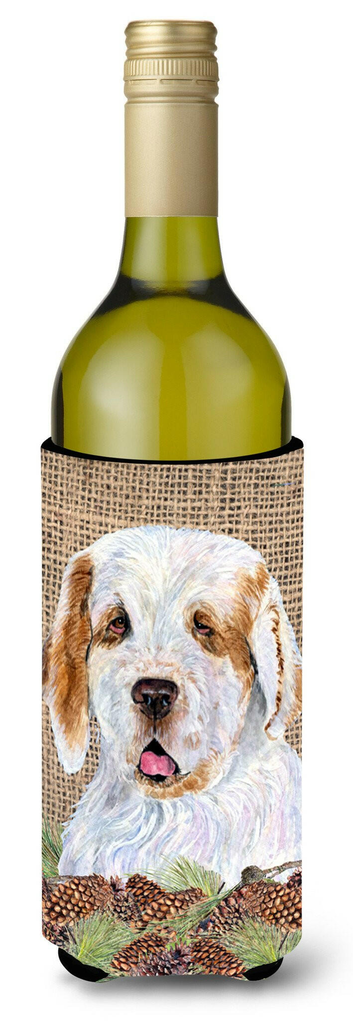 Clumber Spaniel on Faux Burlap with Pine Cones Wine Bottle Beverage Insulator Beverage Insulator Hugger by Caroline's Treasures