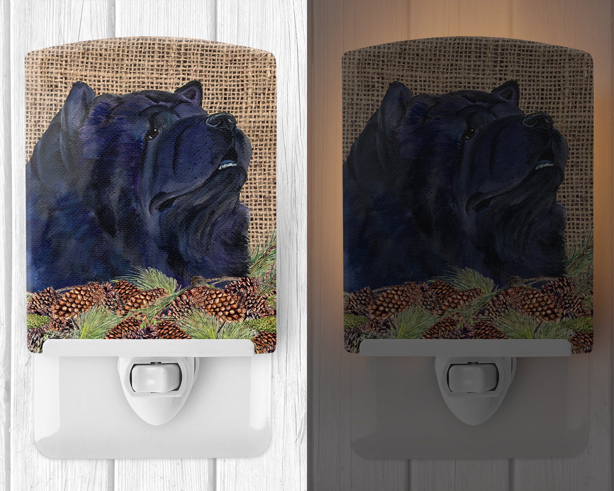 Chow Chow on Faux Burlap with Pine Cones Ceramic Night Light SS4090CNL - the-store.com