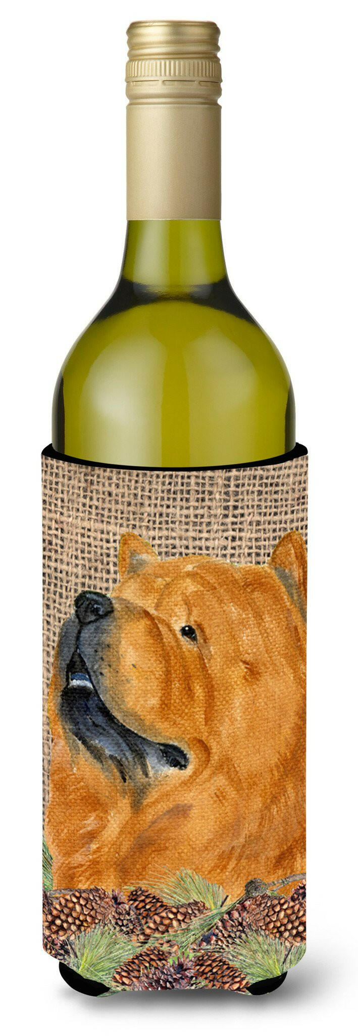 Chow Chow on Faux Burlap with Pine Cones Wine Bottle Beverage Insulator Beverage Insulator Hugger SS4091LITERK by Caroline's Treasures