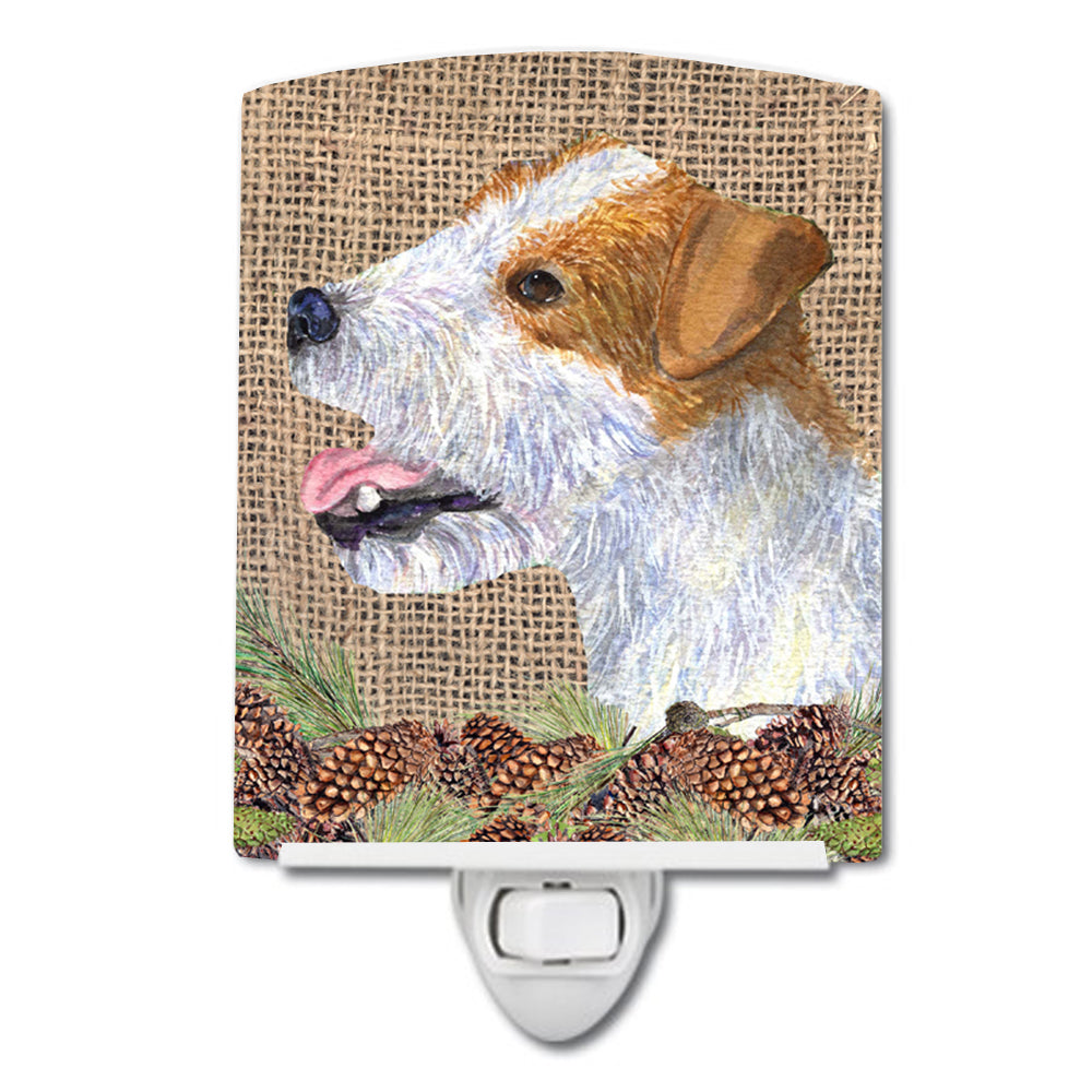 Jack Russell Terrier on Faux Burlap with Pine Cones Ceramic Night Light SS4093CNL - the-store.com