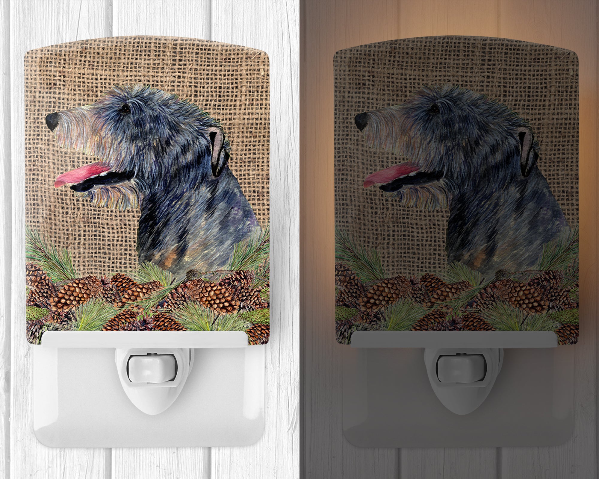 Irish Wolfhound on Faux Burlap with Pine Cones Ceramic Night Light SS4095CNL - the-store.com