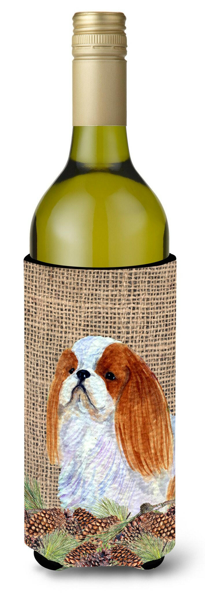 English Toy Spaniel on Faux Burlap with Pine Cones Wine Bottle Beverage Insulator Beverage Insulator Hugger by Caroline&#39;s Treasures