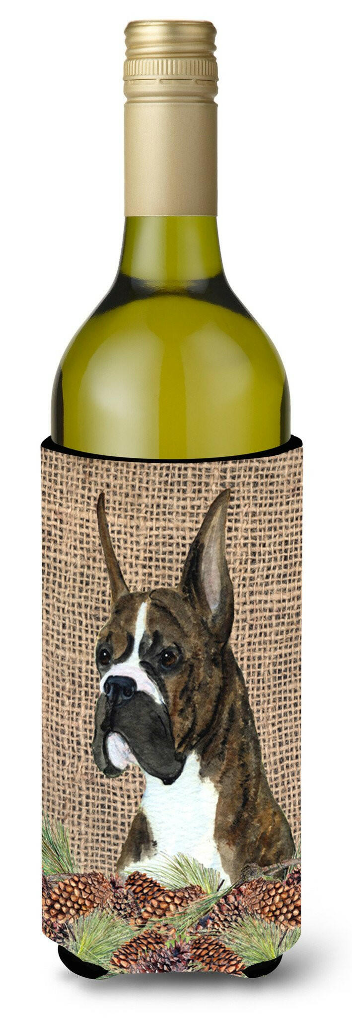 Brindle Boxer on Faux Burlap with Pine Cones Wine Bottle Beverage Insulator Beverage Insulator Hugger by Caroline's Treasures