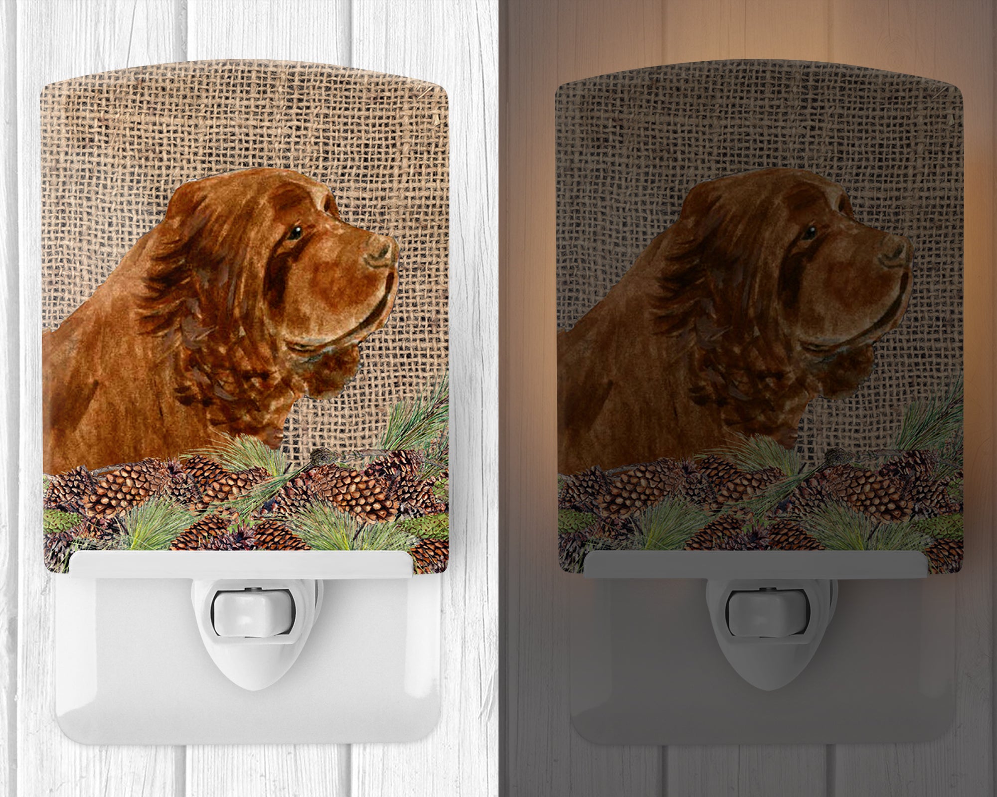 Sussex Spaniel on Faux Burlap with Pine Cones Ceramic Night Light SS4099CNL - the-store.com