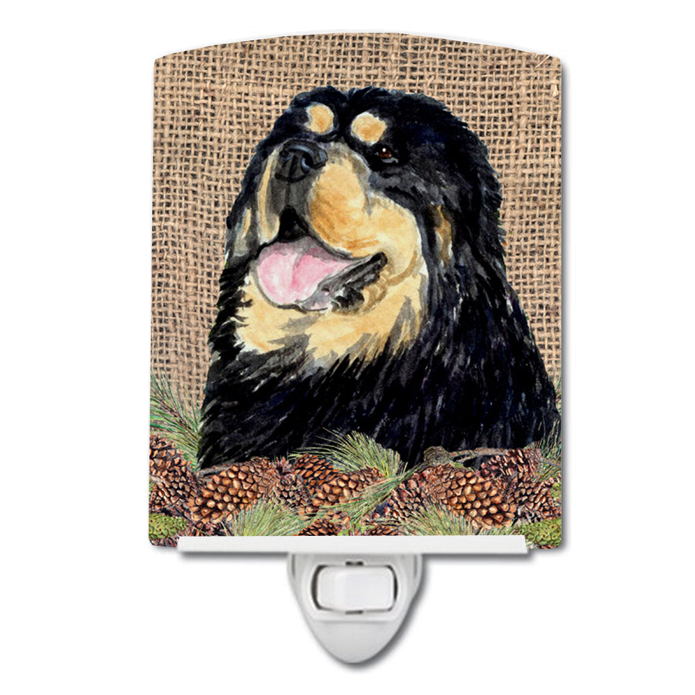 Tibetan Mastiff on Faux Burlap with Pine Cones Ceramic Night Light SS4101CNL - the-store.com