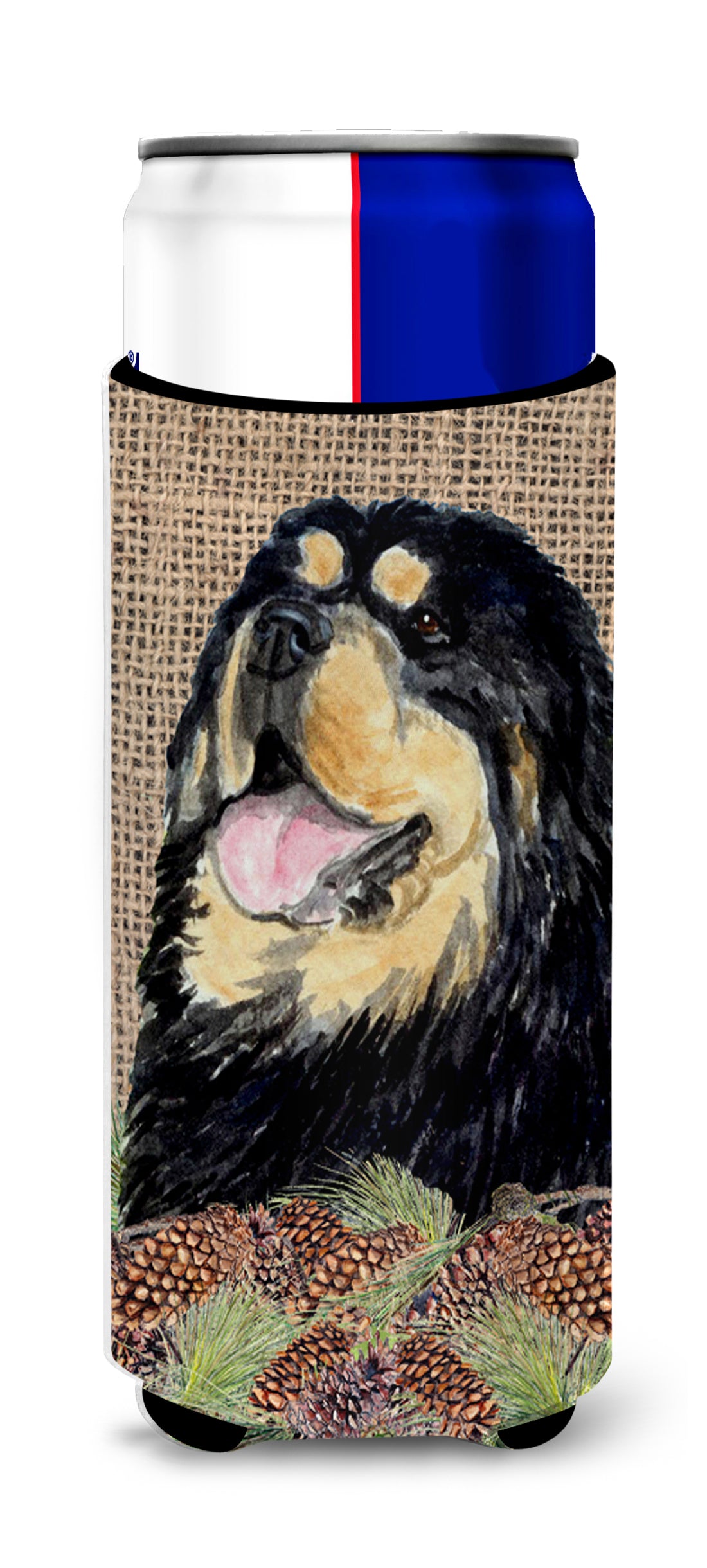 Tibetan Mastiff on Faux Burlap with Pine Cones Ultra Beverage Insulators for slim cans SS4101MUK.