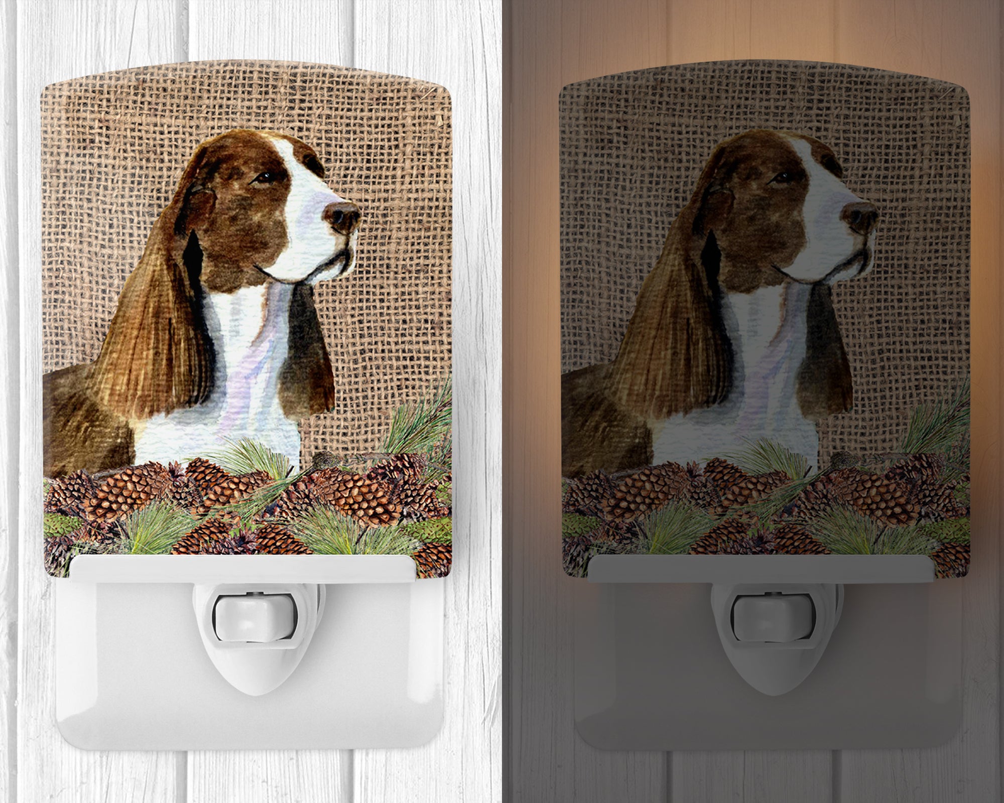 Springer Spaniel on Faux Burlap with Pine Cones Ceramic Night Light SS4102CNL - the-store.com