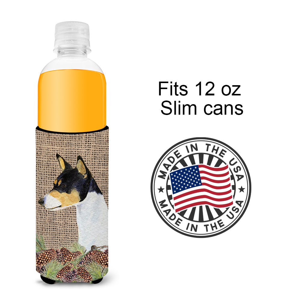 Basenji on Faux Burlap with Pine Cones Ultra Beverage Insulators for slim cans SS4103MUK.