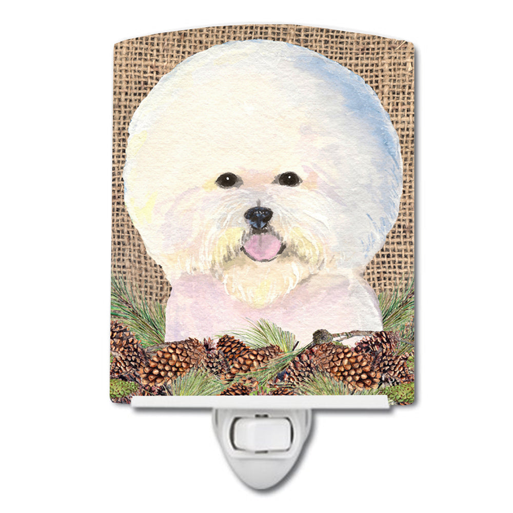 Bichon Frise on Faux Burlap with Pine Cones Ceramic Night Light SS4106CNL - the-store.com