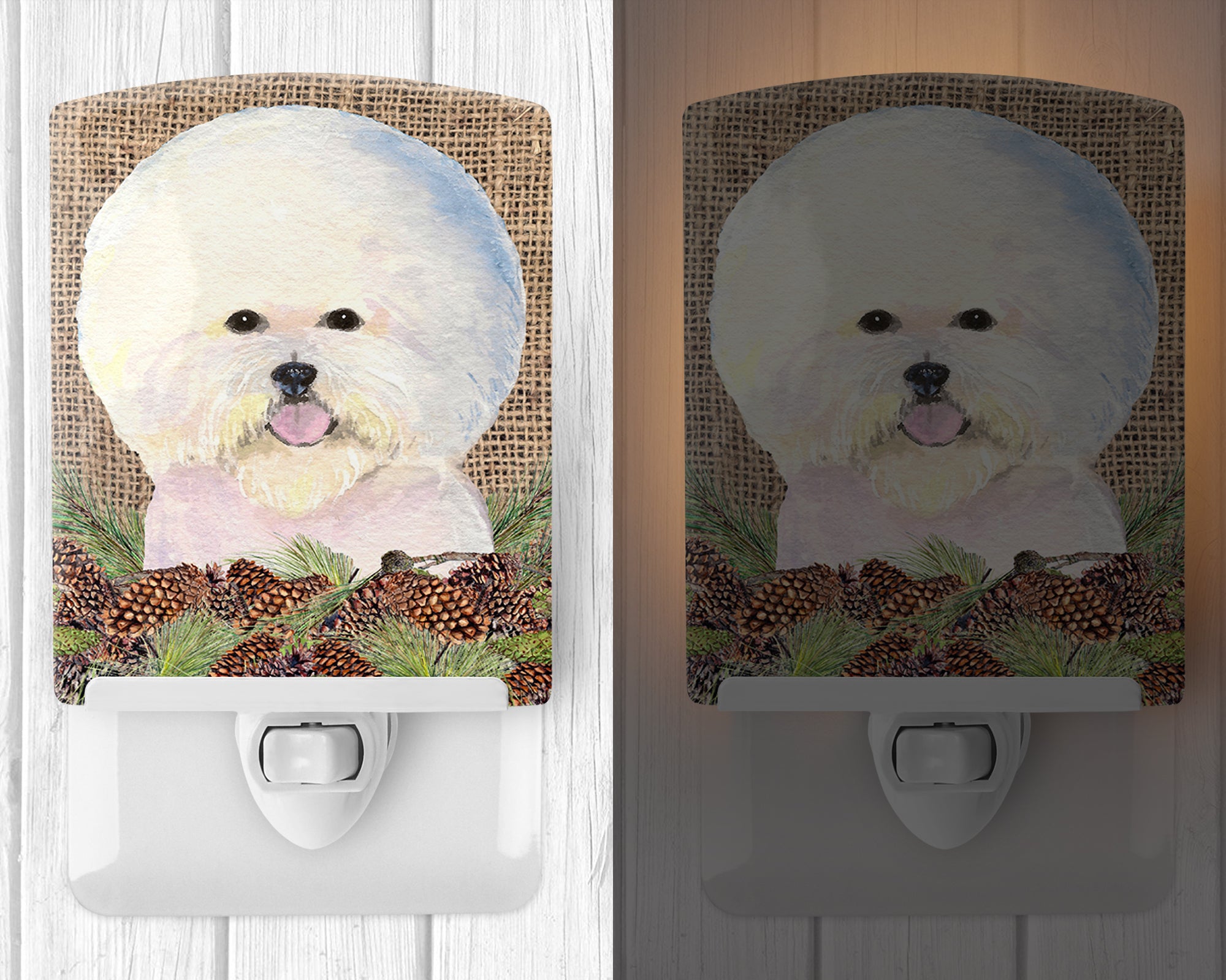 Bichon Frise on Faux Burlap with Pine Cones Ceramic Night Light SS4106CNL - the-store.com