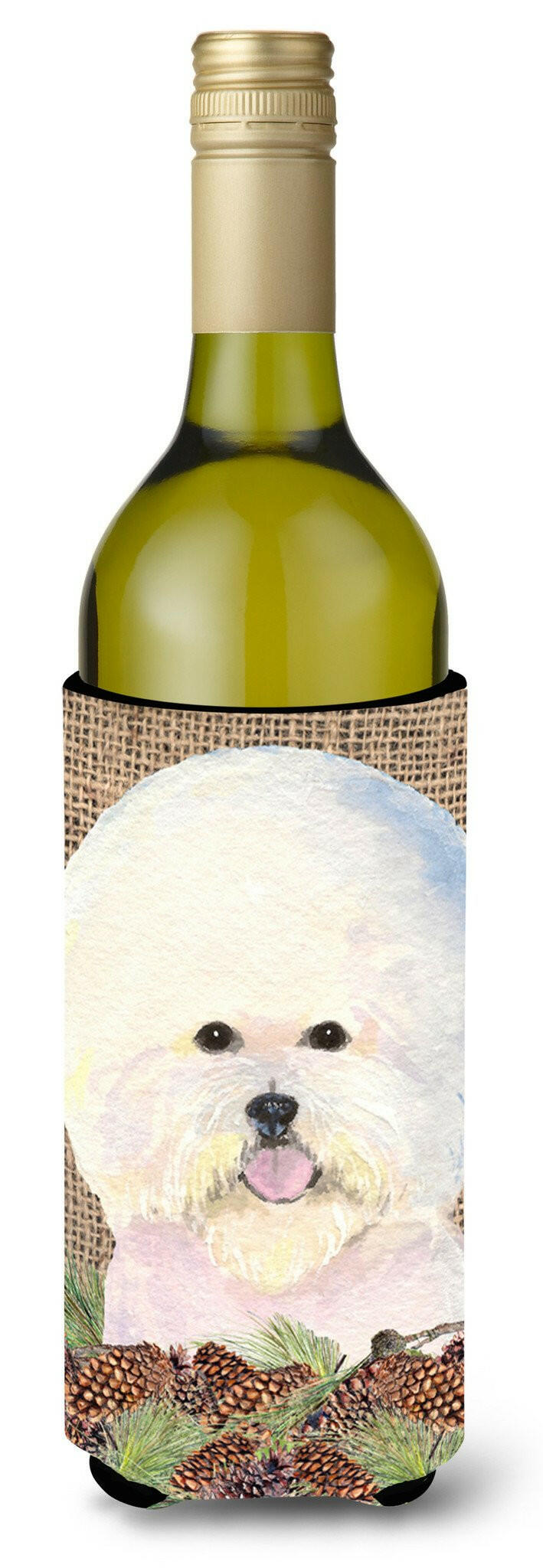 Bichon Frise on Faux Burlap with Pine Cones Wine Bottle Beverage Insulator Beverage Insulator Hugger by Caroline&#39;s Treasures