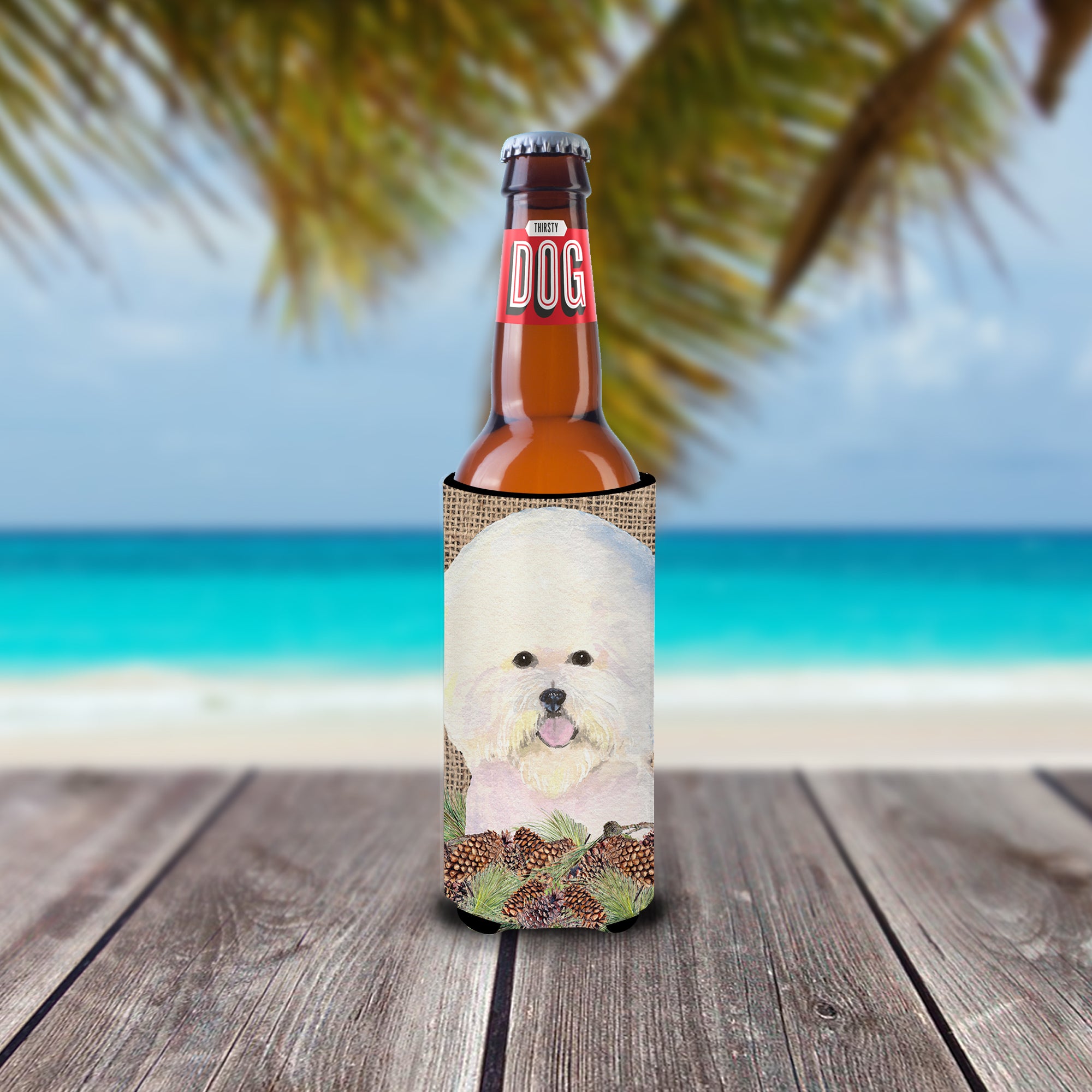 Bichon Frise on Faux Burlap with Pine Cones Ultra Beverage Insulators for slim cans SS4106MUK.