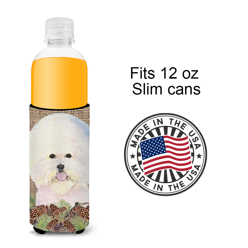 Bichon Frise on Faux Burlap with Pine Cones Ultra Beverage Insulators for slim cans SS4106MUK.