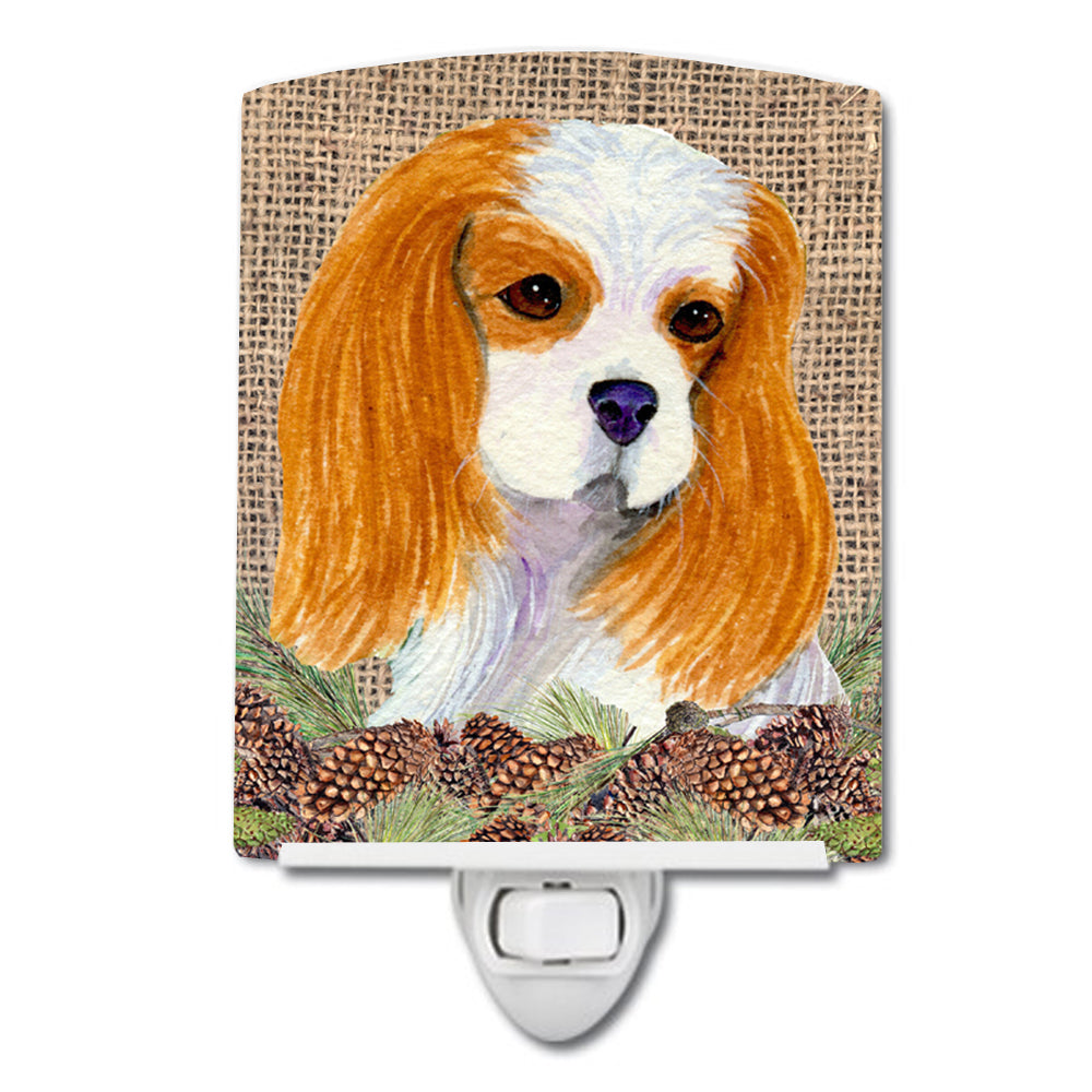 Cavalier Spaniel on Faux Burlap with Pine Cones Ceramic Night Light SS4107CNL - the-store.com