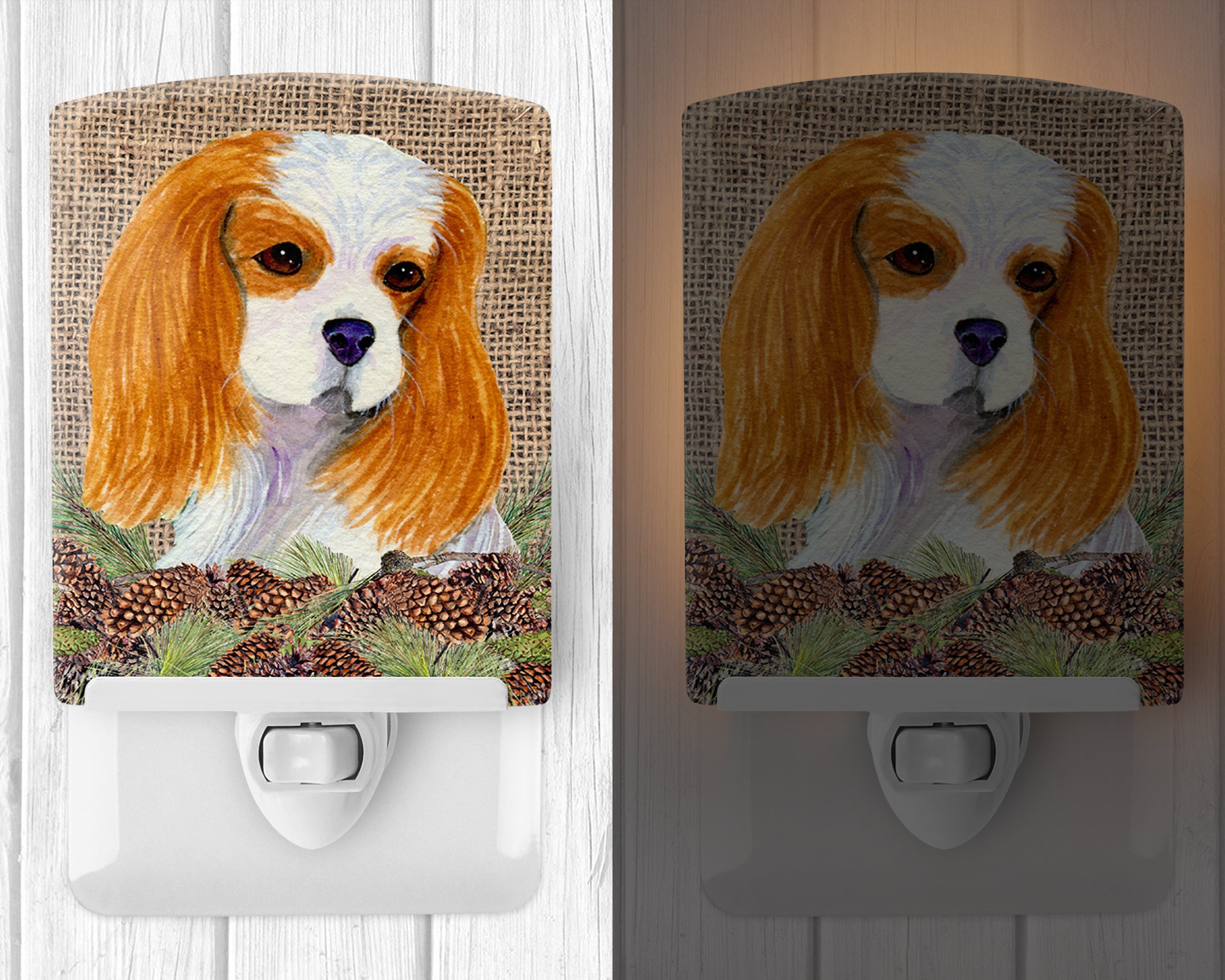 Cavalier Spaniel on Faux Burlap with Pine Cones Ceramic Night Light SS4107CNL - the-store.com