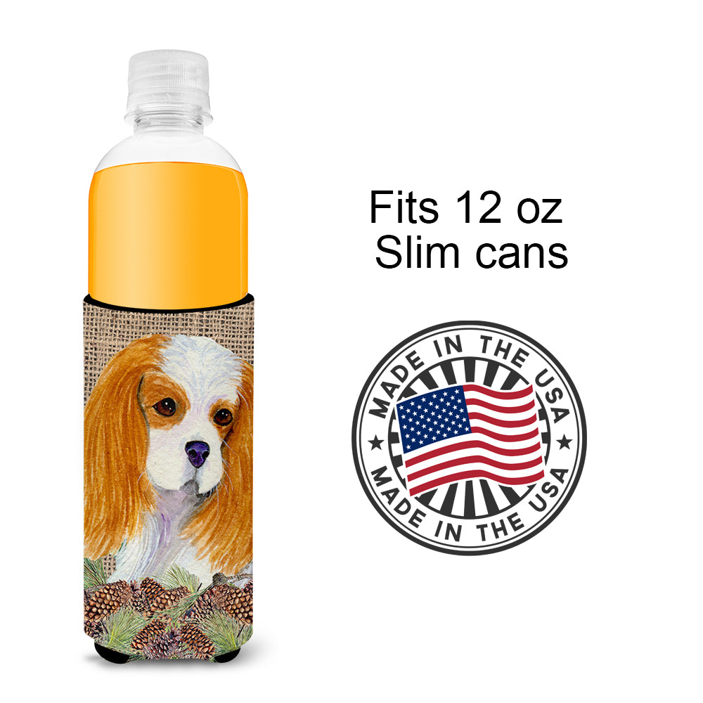 Cavalier Spaniel on Faux Burlap with Pine Cones Ultra Beverage Insulators for slim cans SS4107MUK.