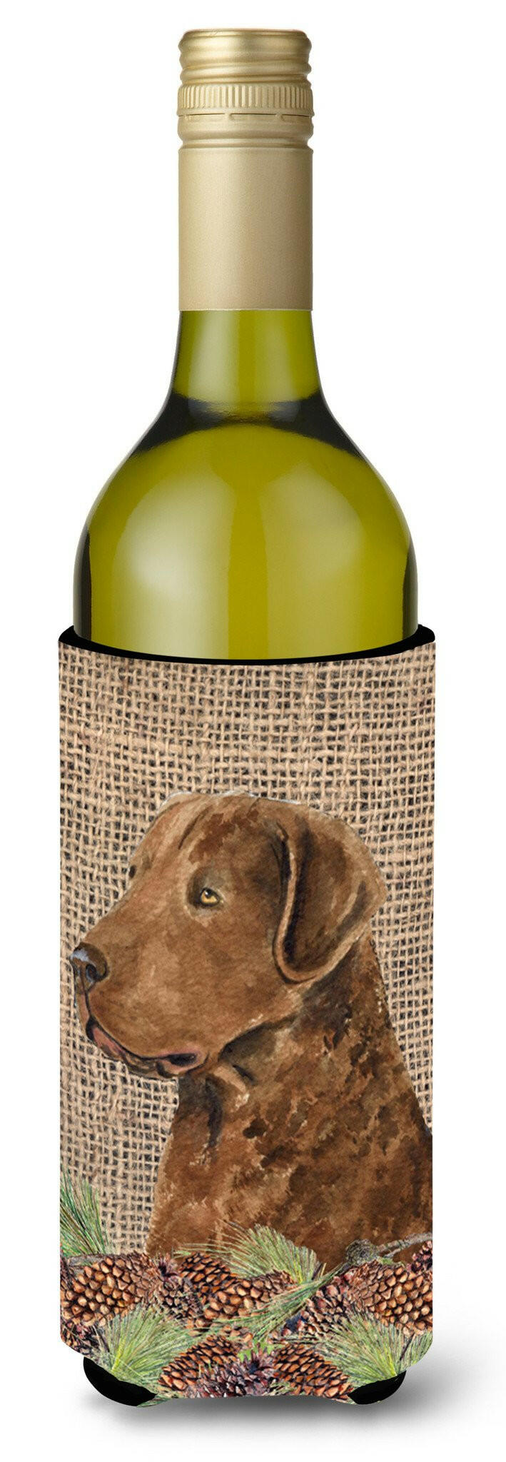 Curly Coated Retriever on Faux Burlap with Pine Cones Wine Bottle Beverage Insulator Beverage Insulator Hugger by Caroline&#39;s Treasures