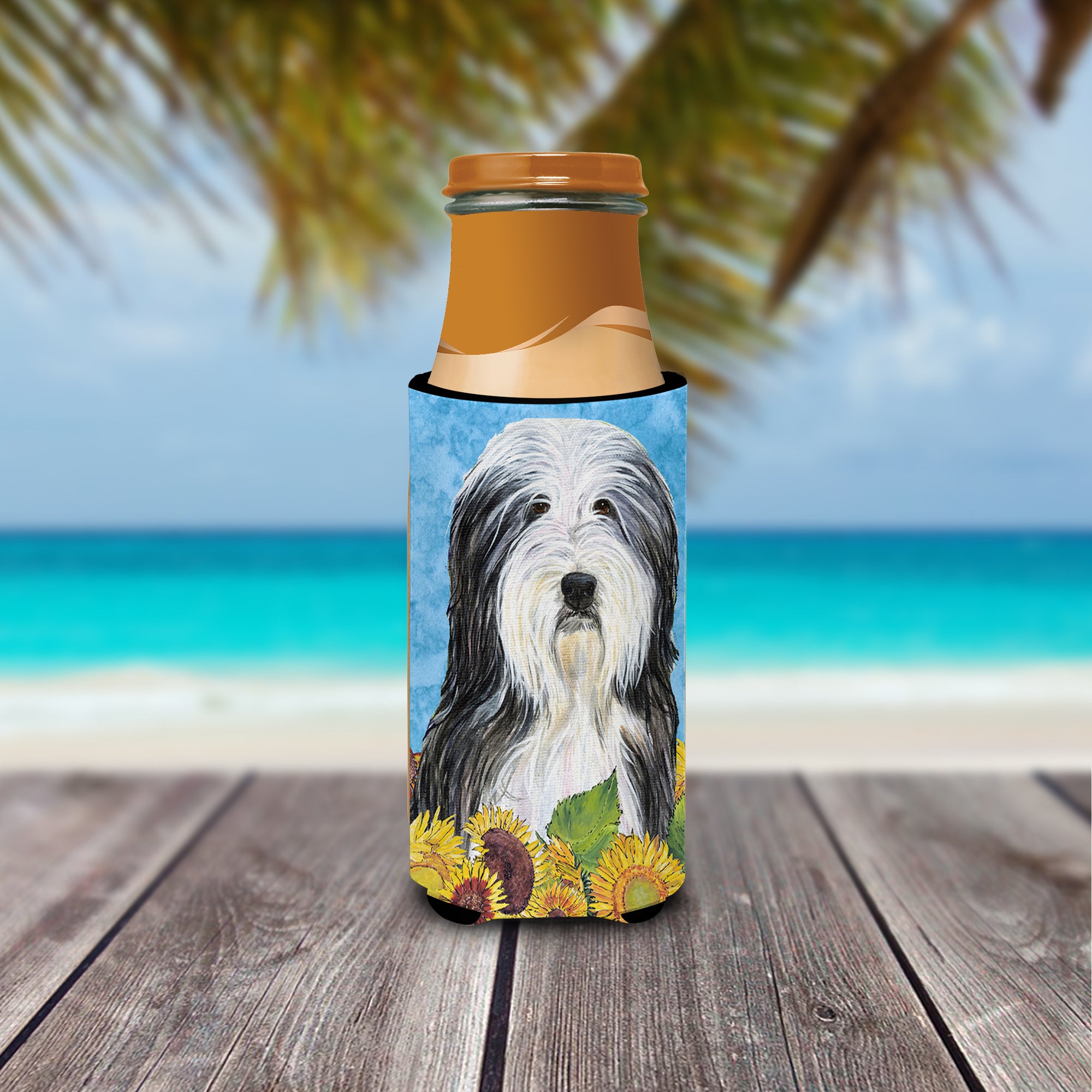 Bearded Collie in Summer Flowers Ultra Beverage Insulators for slim cans SS4130MUK.