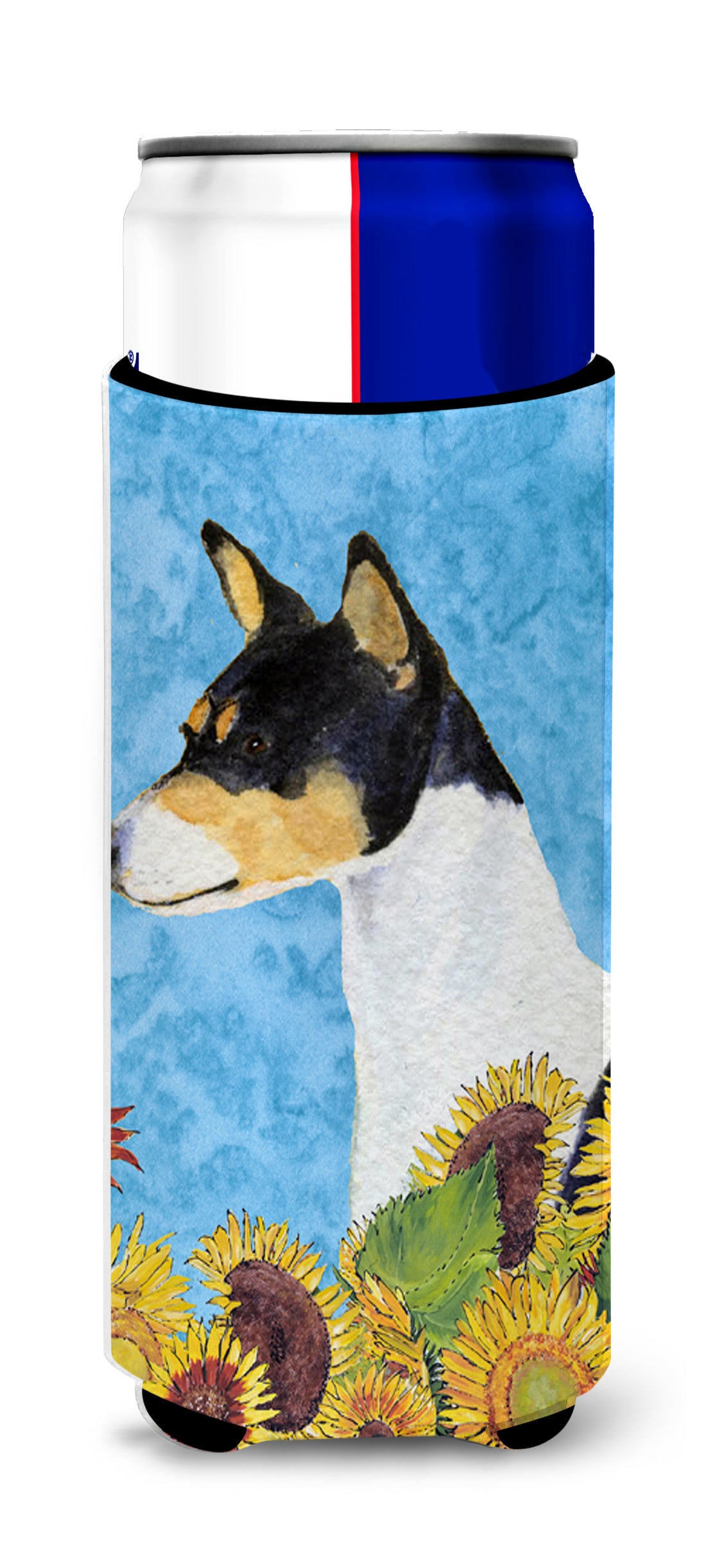 Basenji in Summer Flowers Ultra Beverage Insulators for slim cans SS4147MUK.