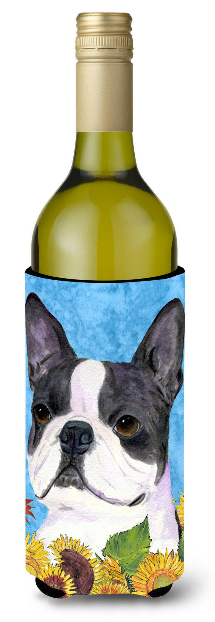 Boston Terrier in Summer Flowers Wine Bottle Beverage Insulator Beverage Insulator Hugger by Caroline's Treasures