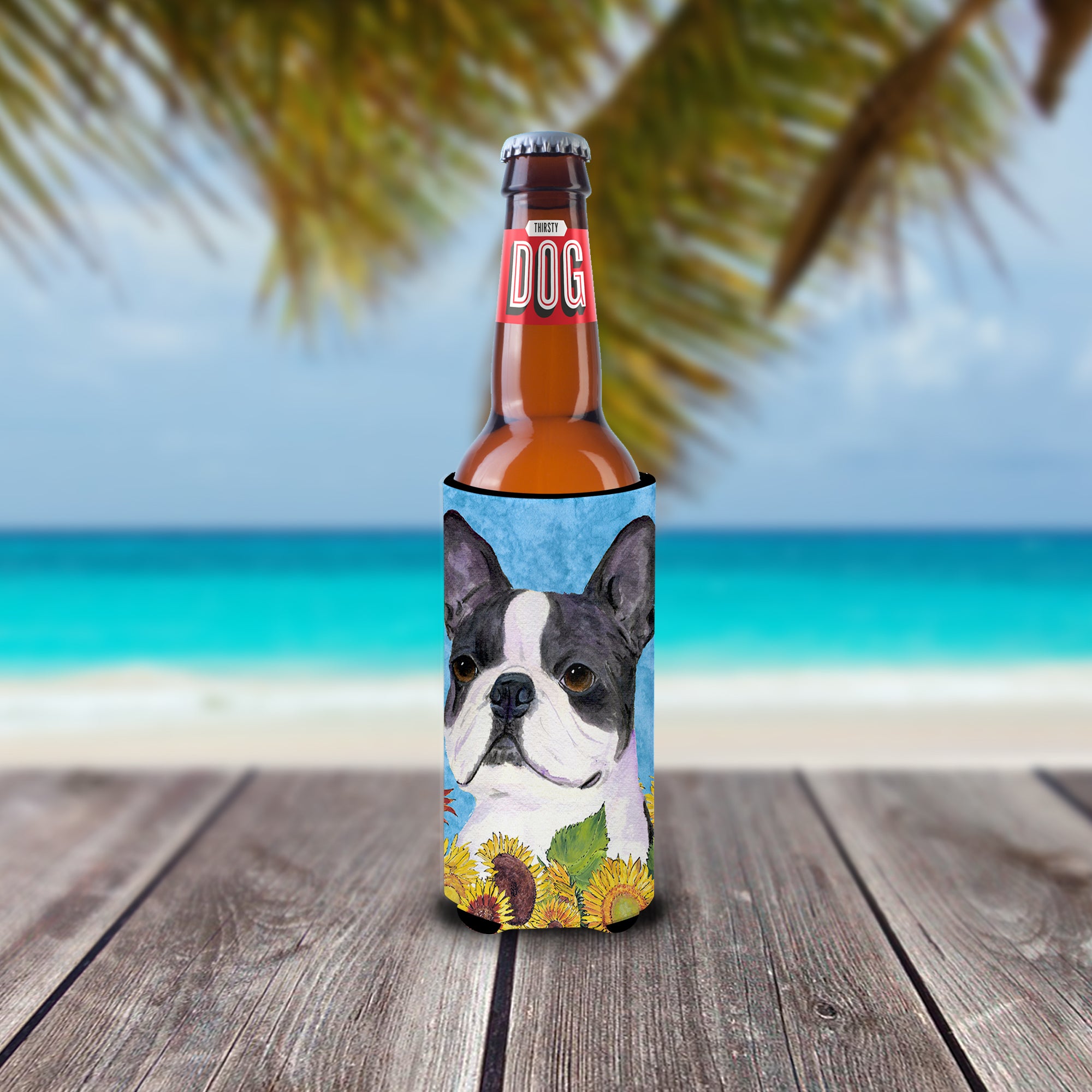 Boston Terrier in Summer Flowers Ultra Beverage Insulators for slim cans SS4149MUK.
