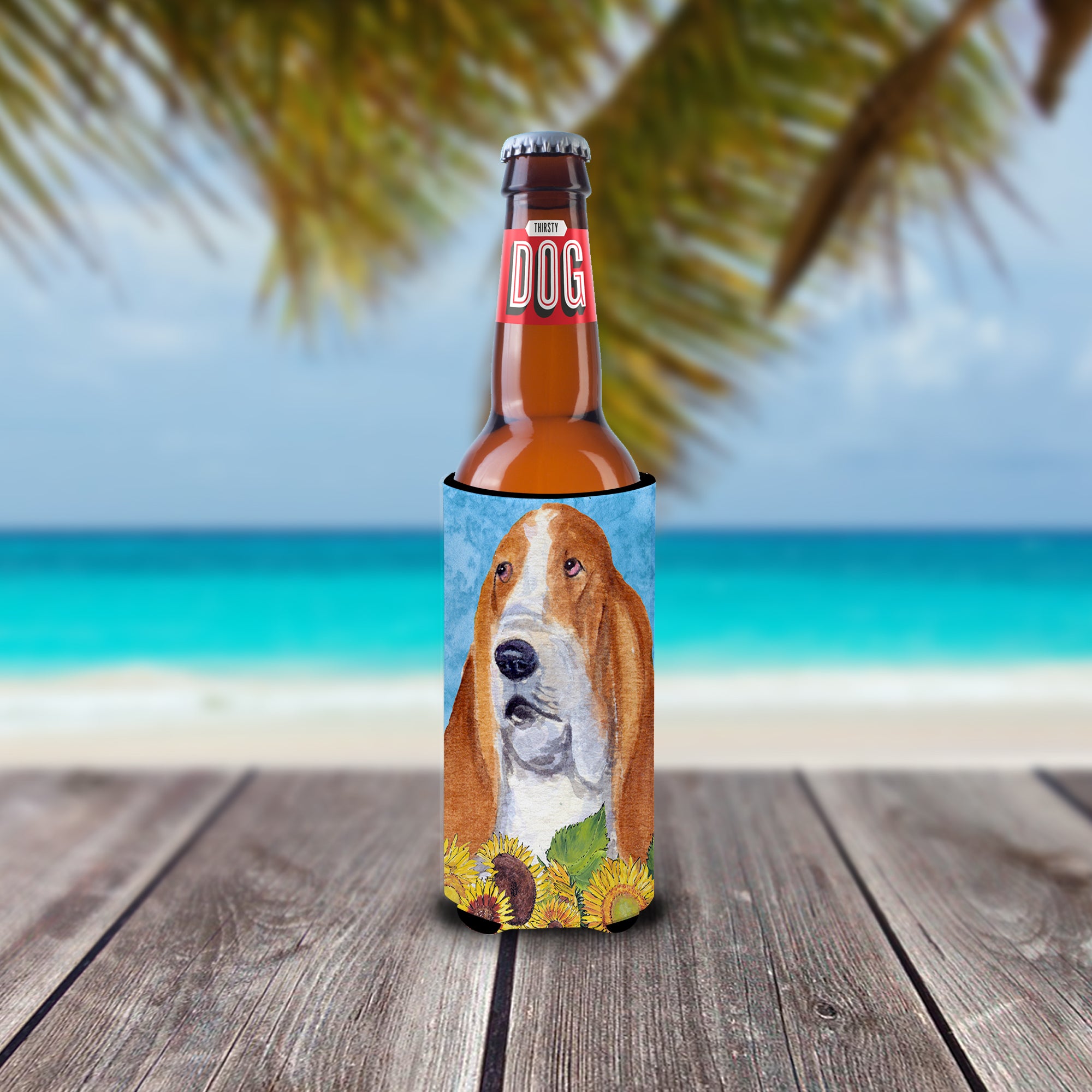 Basset Hound in Summer Flowers Ultra Beverage Insulators for slim cans SS4162MUK.