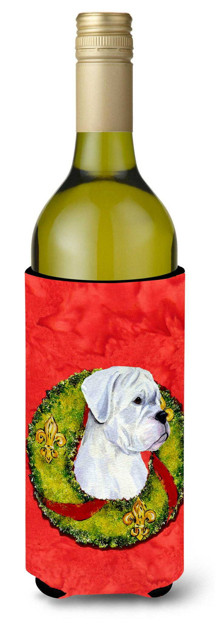 White Boxer Cristmas Wreath Wine Bottle Beverage Insulator Beverage Insulator Hugger by Caroline's Treasures