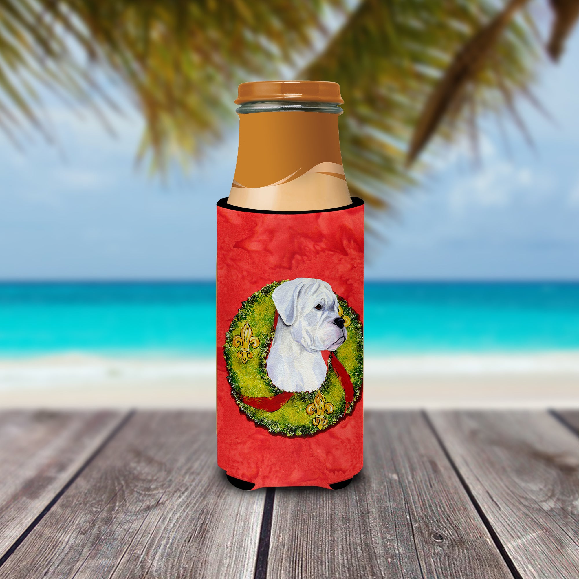 White Boxer Cristmas Wreath Ultra Beverage Insulators for slim cans SS4196MUK.