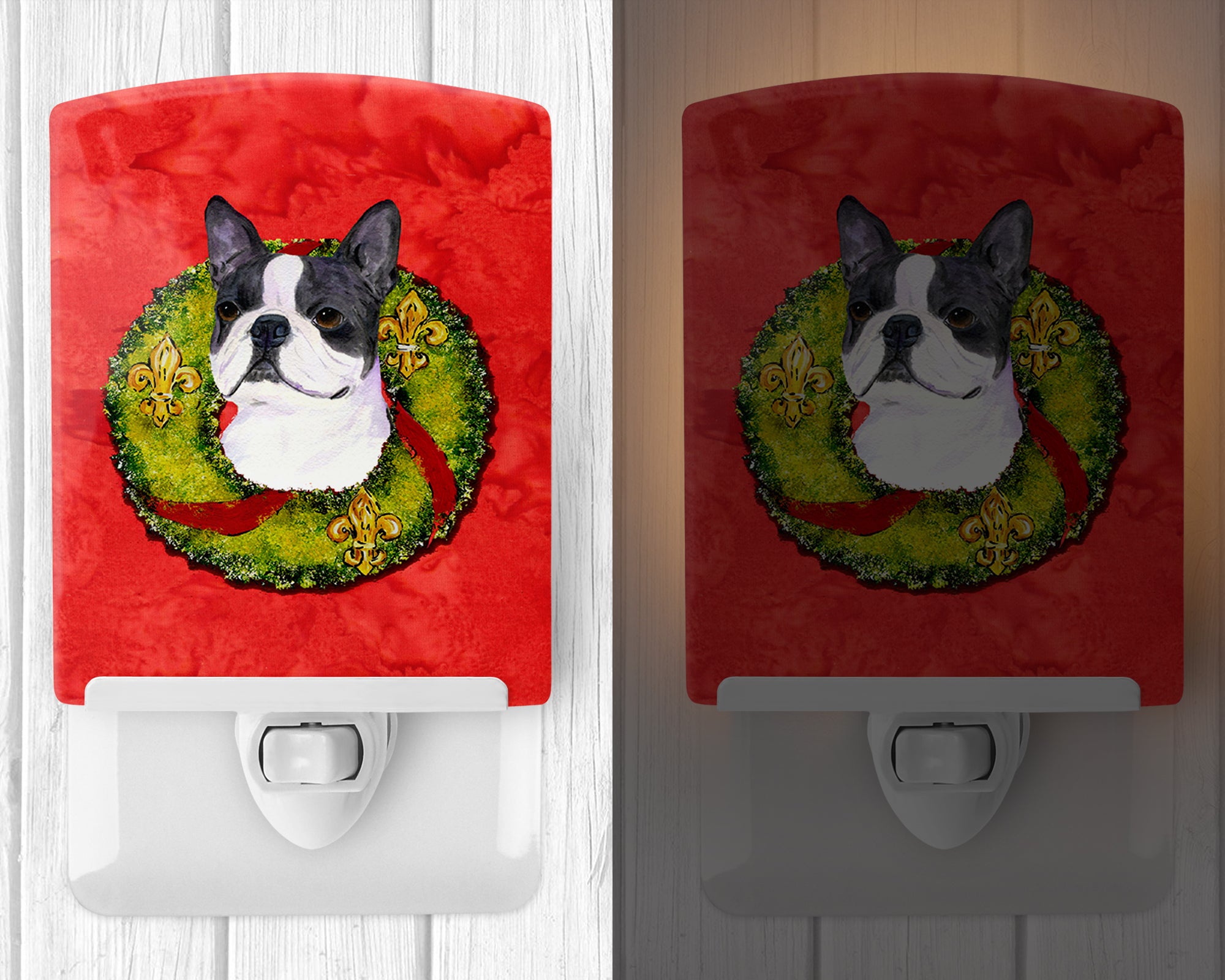 Boston Terrier Cristmas Wreath Ceramic Night Light SS4203CNL - the-store.com