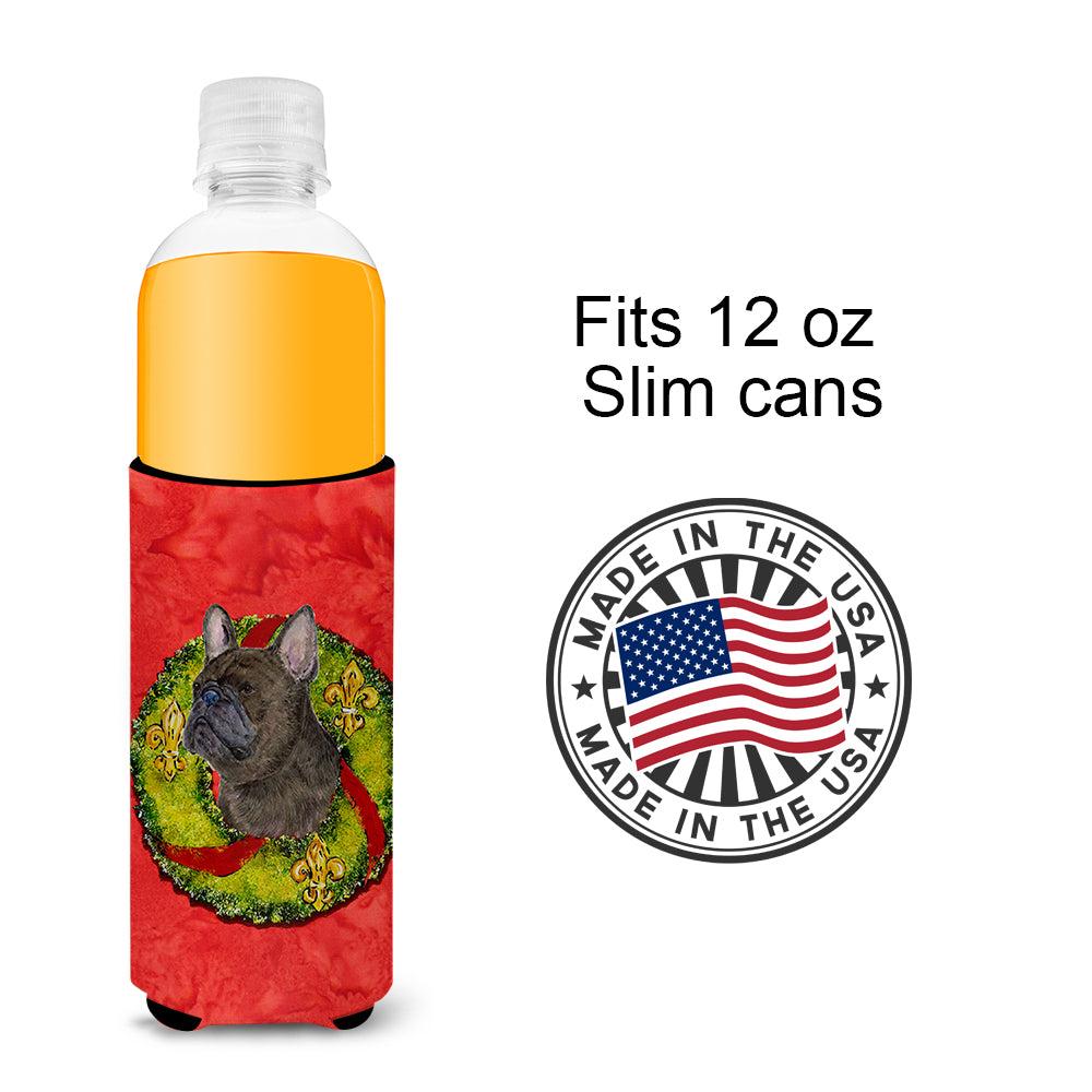 Brindle French Bulldog Cristmas Wreath Ultra Beverage Insulators for slim cans SS4206MUK.